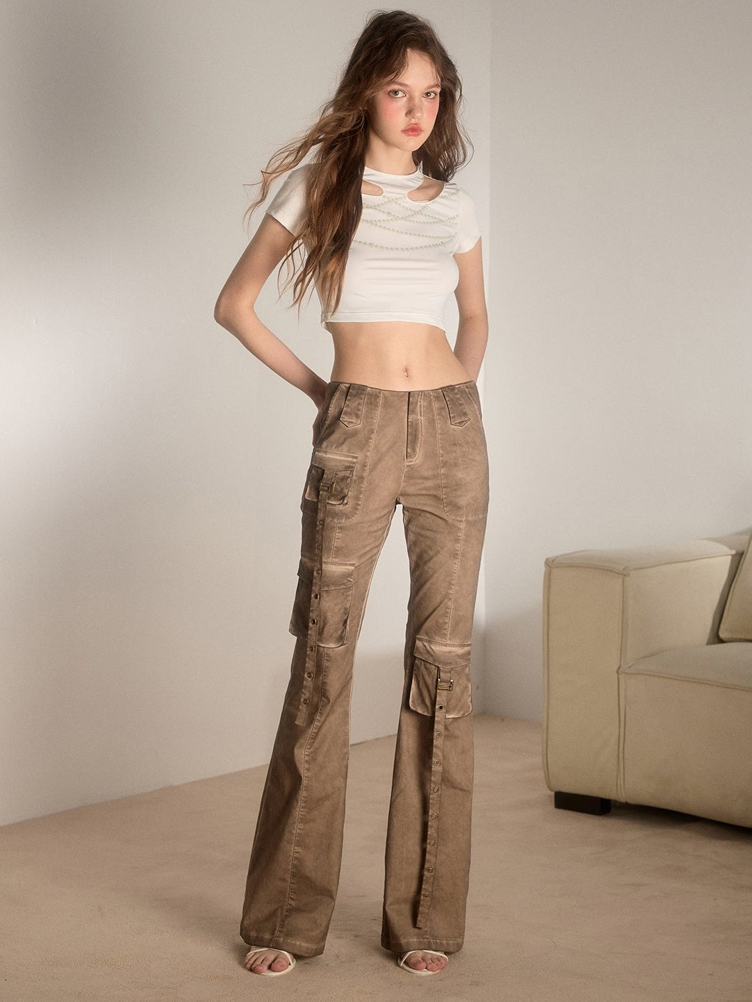 Slender Washed Retro Design Flare Pants