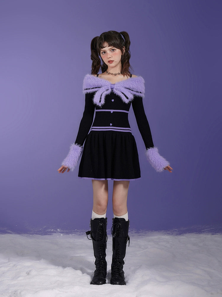 Fur Collar Off-Shoulder Design Bicolor Dress