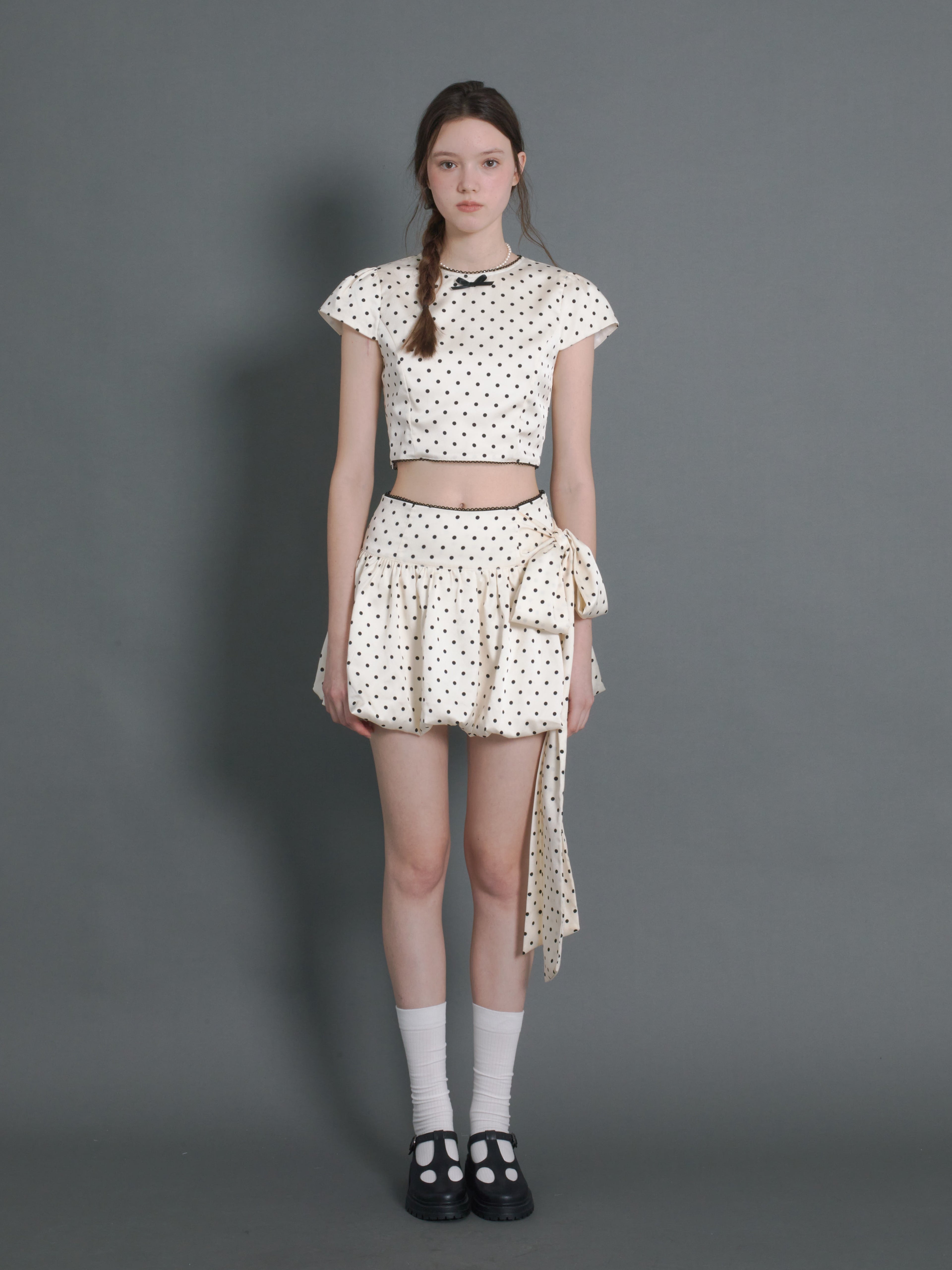 Polka Dot Short Sleeve Cropped Top & Ribbon Bud Skirt