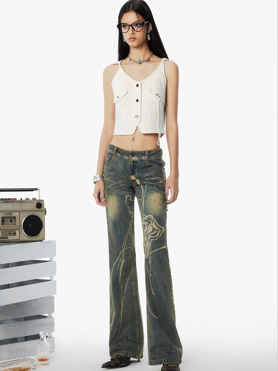Retro Burnt Slim Flare Denim Pants