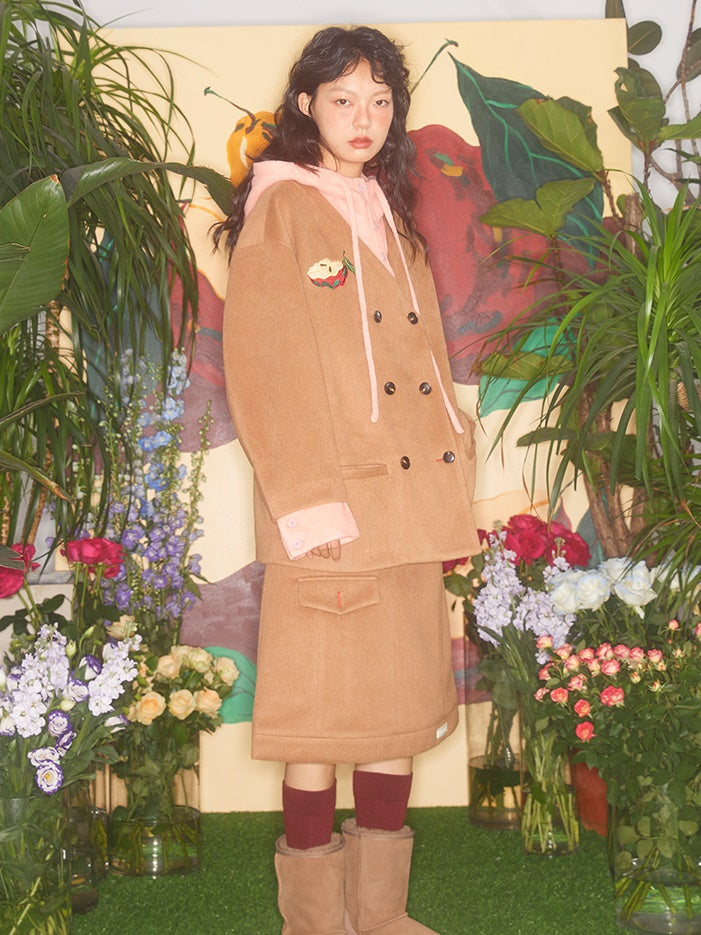 Apple Embroidered Fake Two-piece Patchwork Hooded & A-line Skirt
