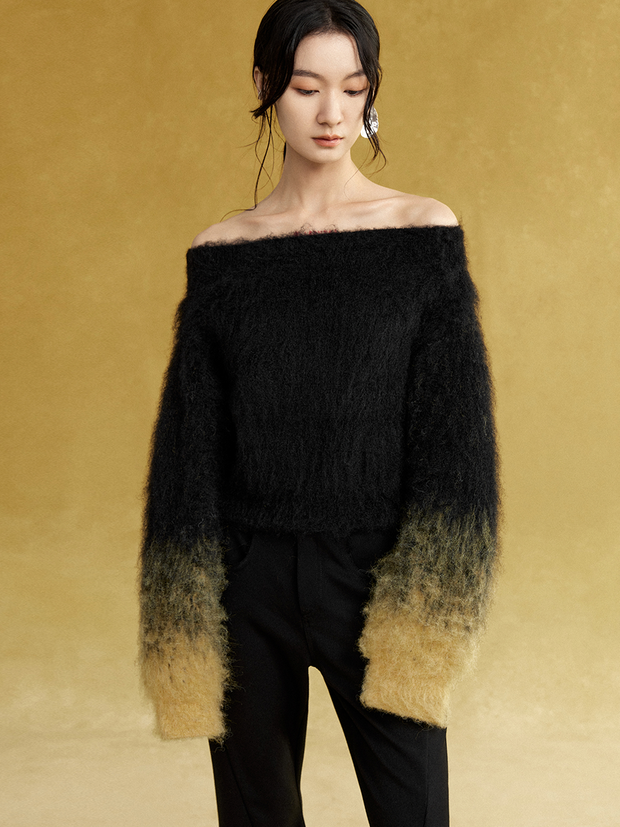 One-shoulder Short Gradient Sweater