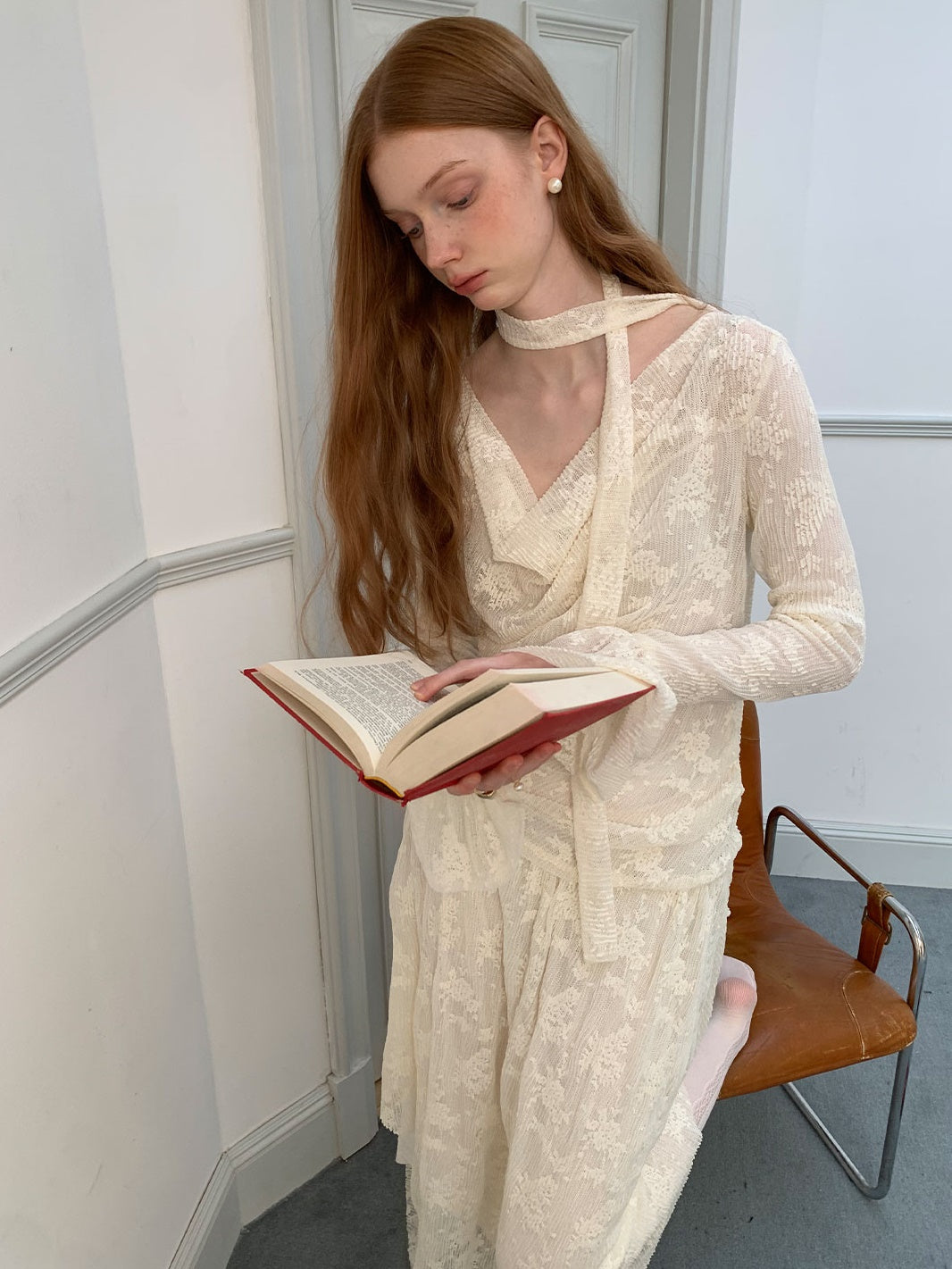 Pleated Textured Lazy Irregular SwingNeck Lace Long Dress