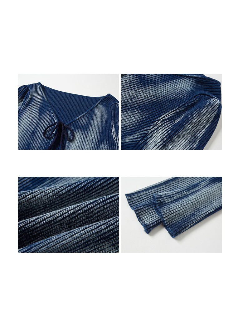Washed Tie-dye Lace-up Knitted Cardigan & Skirt