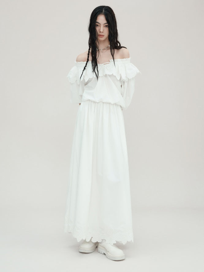 Carved Flower Lace Off-Shoulder Top & Embroidered Skirt