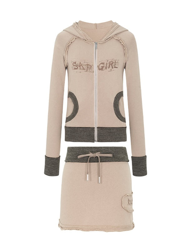 Raw Edge Zipper Hooded Parka & Sweat Short Skirt