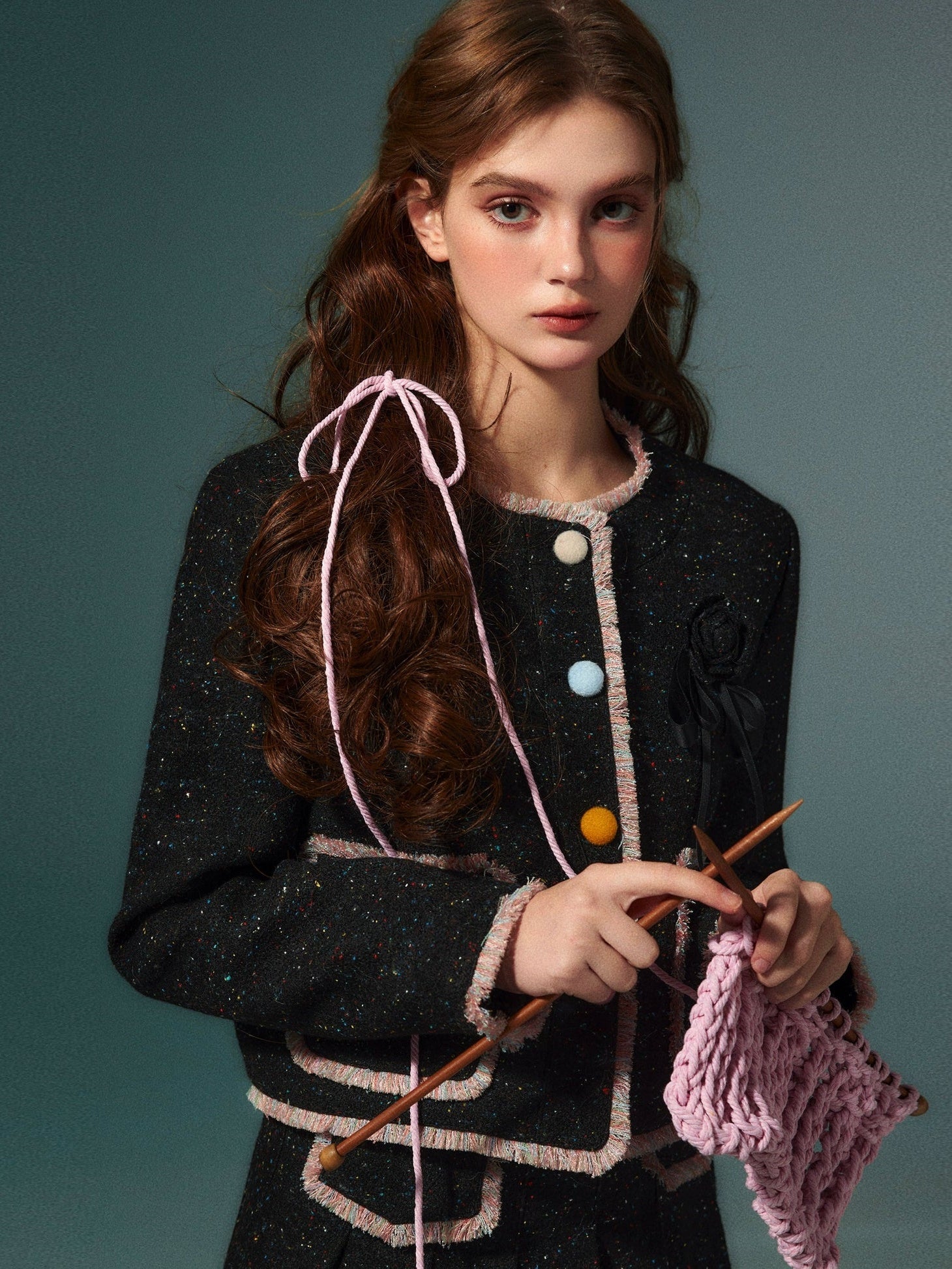 Colorful Dot No Collar Jacket & Pleated Skirt