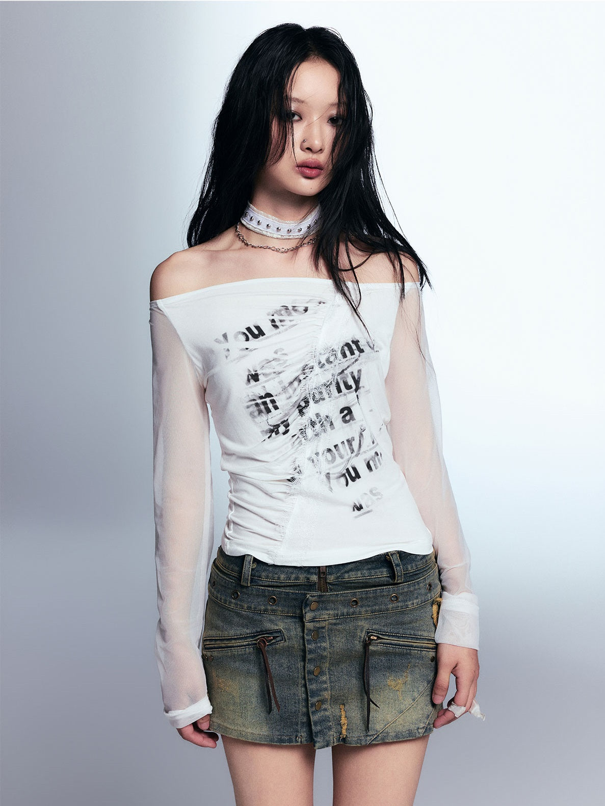 Print Off-shoulder Splicing Mesh Long-sleeved T-shirt