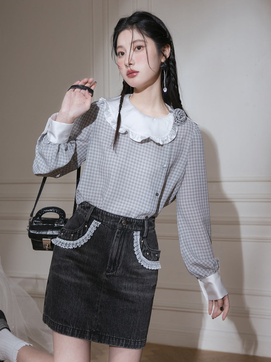 Contrast Color Plaid Shirt & Asymmetry Skirt Set-up