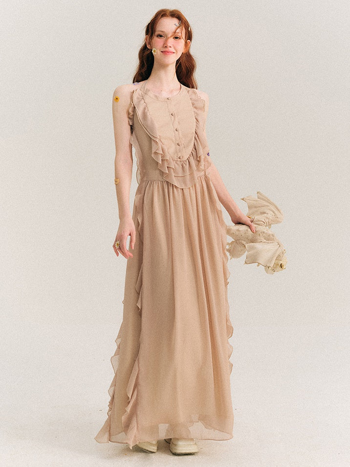 Halterneck Backless Design Frill Long Dress