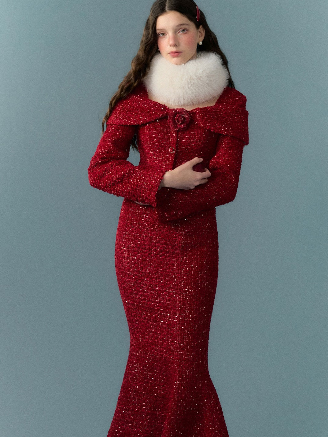 Woven Shag Retro Tweed Jacket & Short & Long Skirt