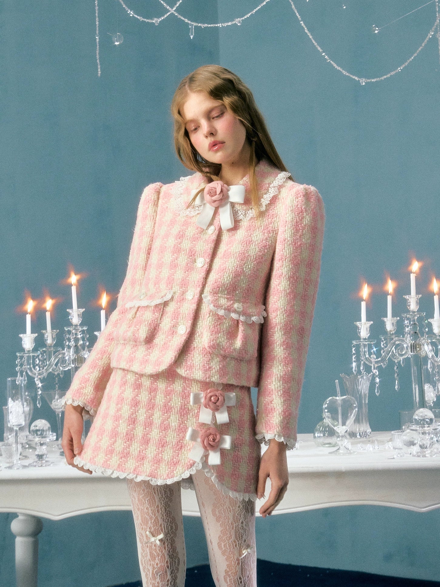 Plaid Bow Flower Brosche Spee Paded Short Jacket & Rock