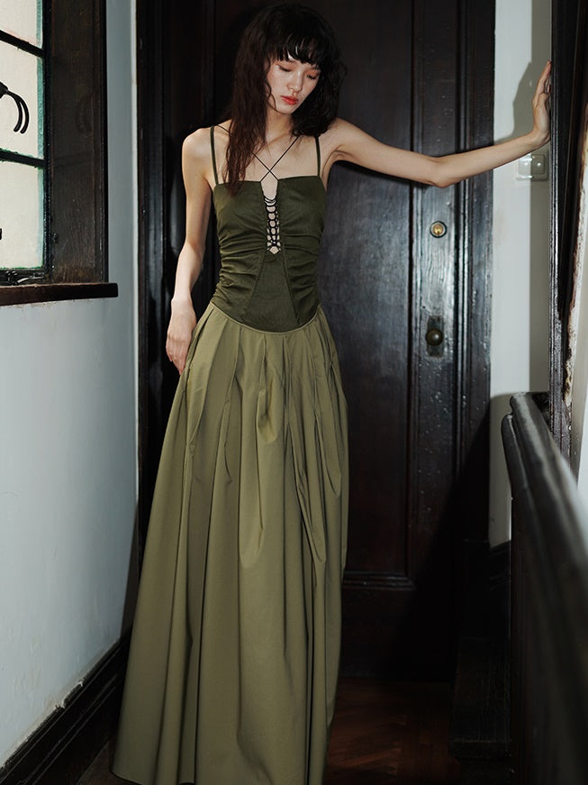 Polarized Faux Leather Hollow Suspender Long Dress