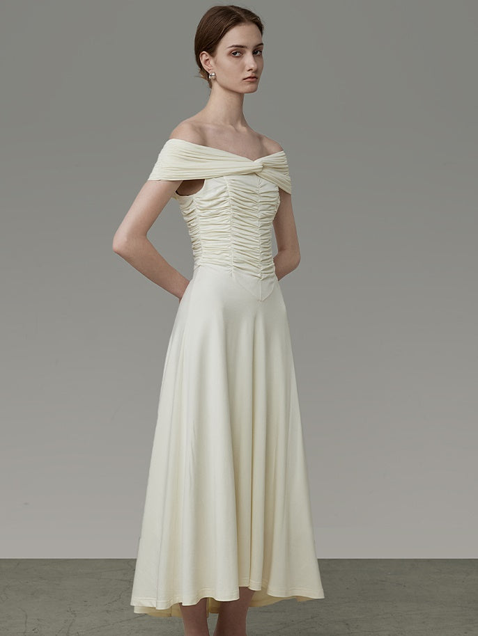 Off-Shouder sammeln drapieren langen Kleid