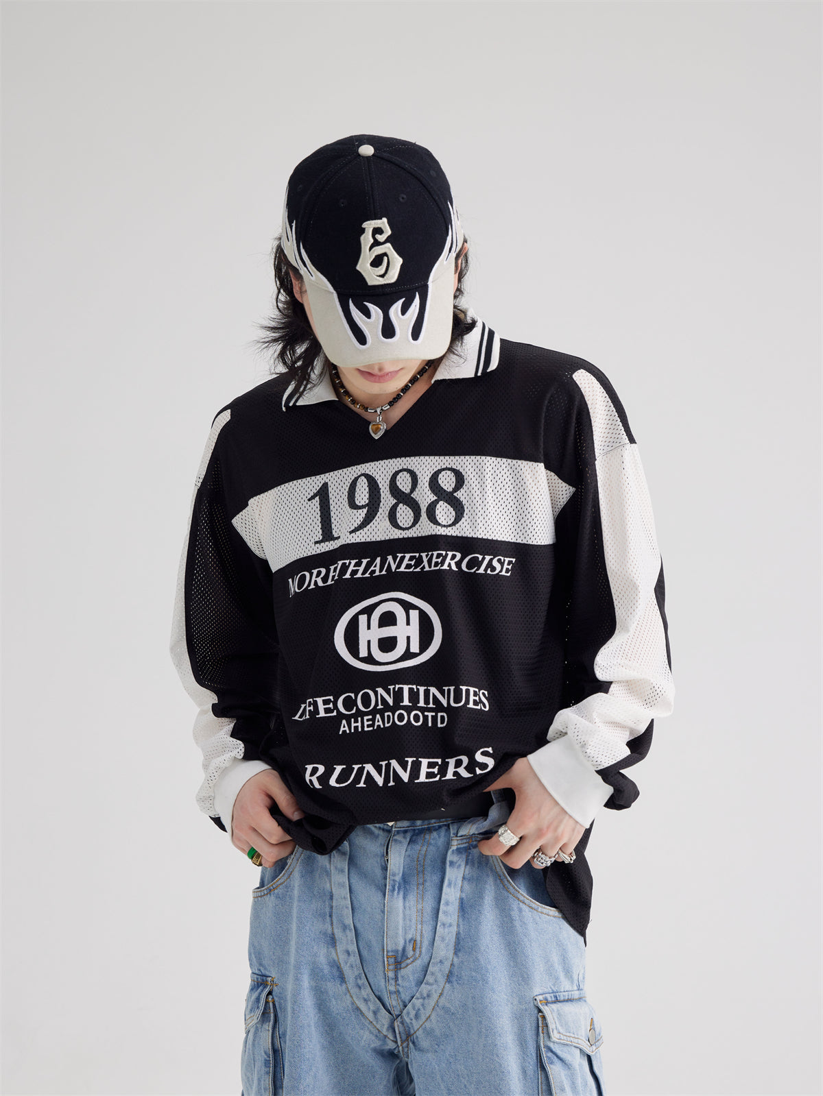 Polo Collar Mesh Print Long-sleeved T-shirt