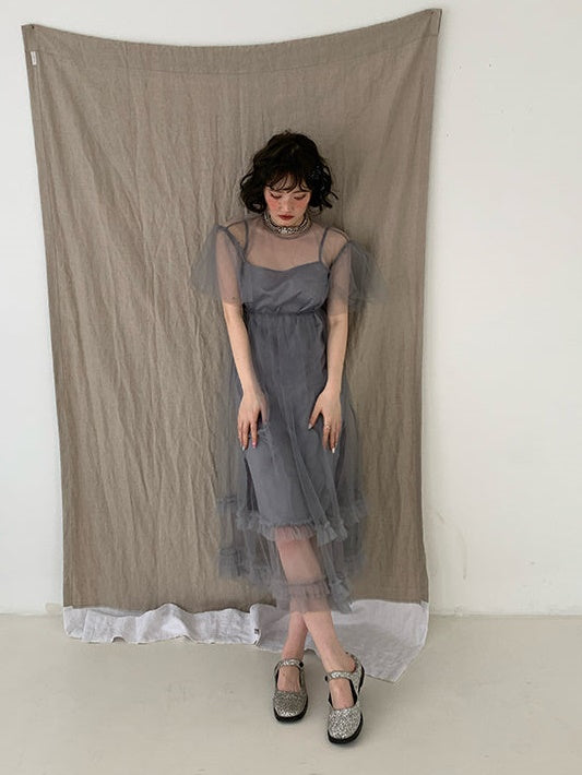 Mesh backless Strap Dress & Fairy Sling Skirt Set-UP