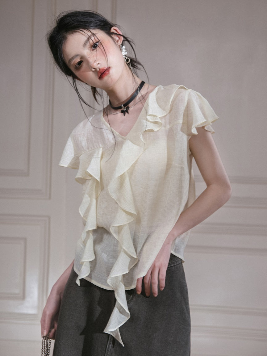 Romantic Curve Ruffle Chiffon Shirt & Tube Top Set-up