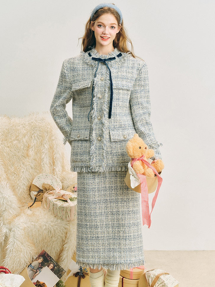 Loose Silhouette Tweed No-Collar Jacket & Mid-Length Skirt