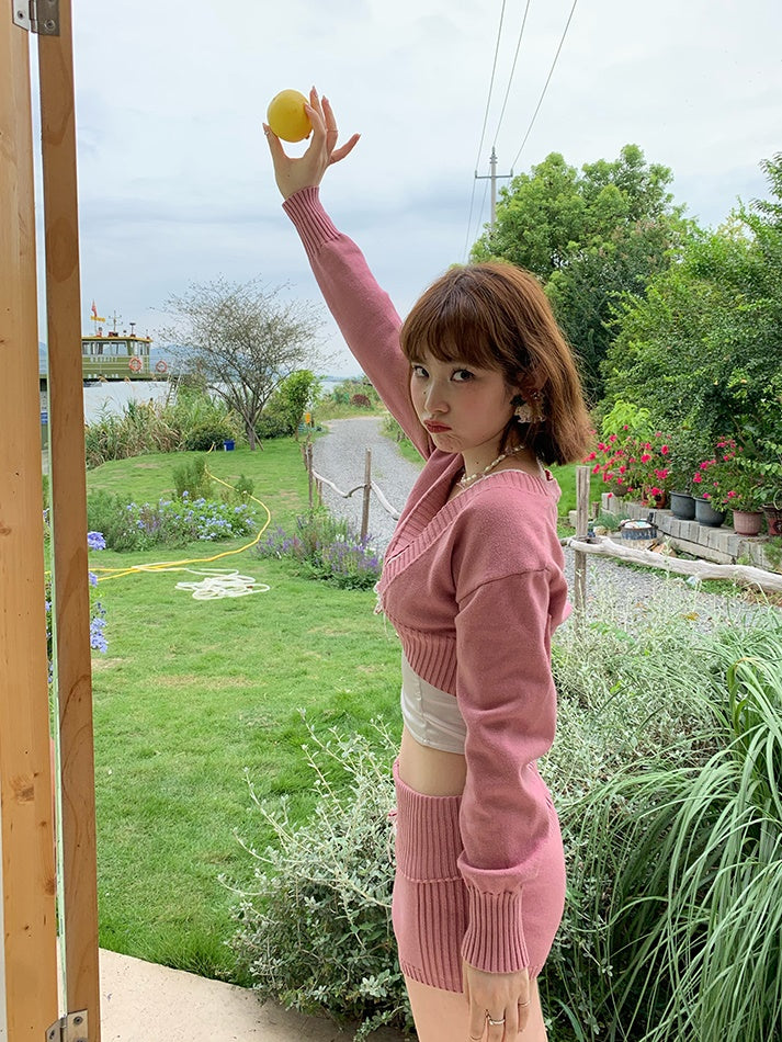 Knitted Cropped V-neck Cardigan & Short Pants