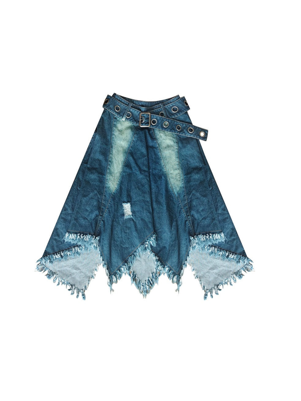 Fringed Irregular Hem Denim Circular Skirt