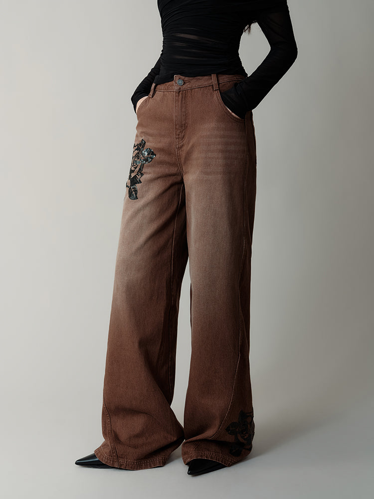 Rose Sequin Embroidery Diagonal Split Washed Jeans