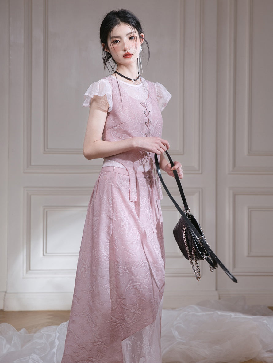 Small Flying Sleeve T-Shirt & Embossed Lace-Up Vest Setup & Long Skirt