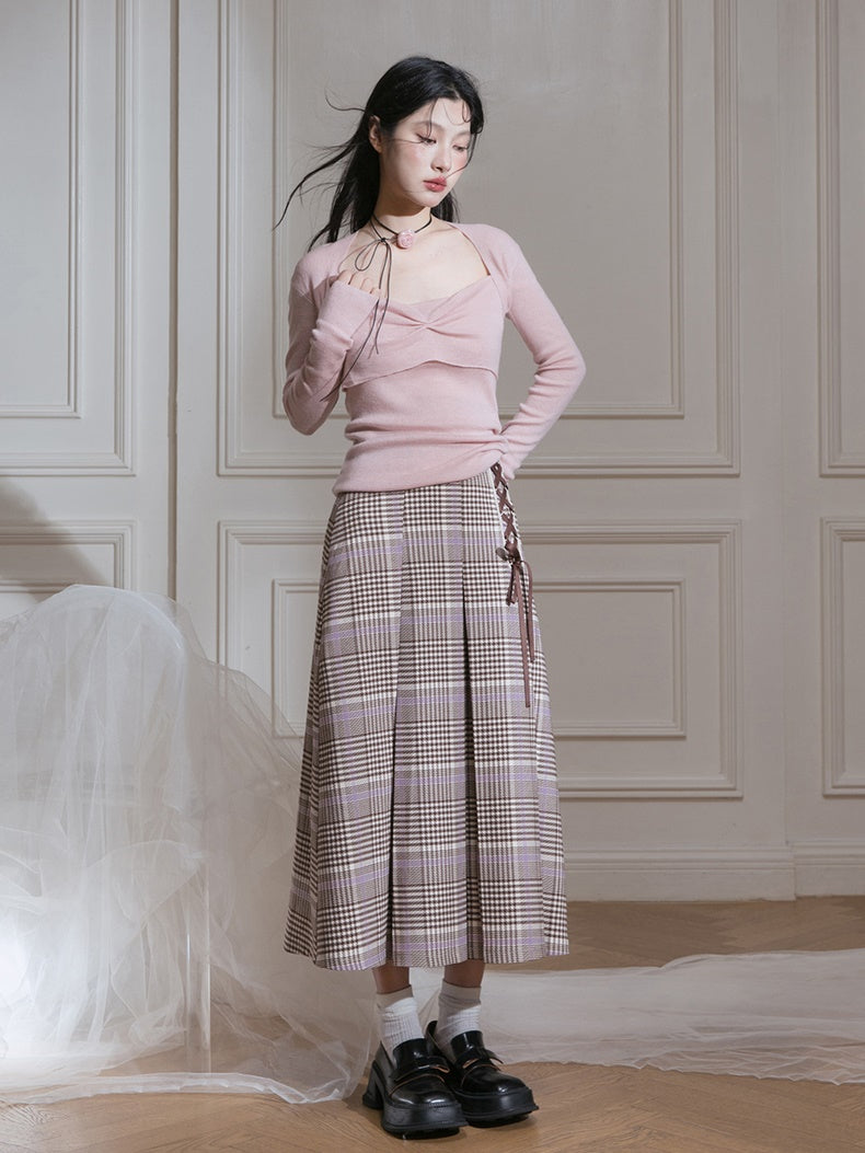 Navy Collar Plaid Short Jacket & A-Line Pleated Skirt