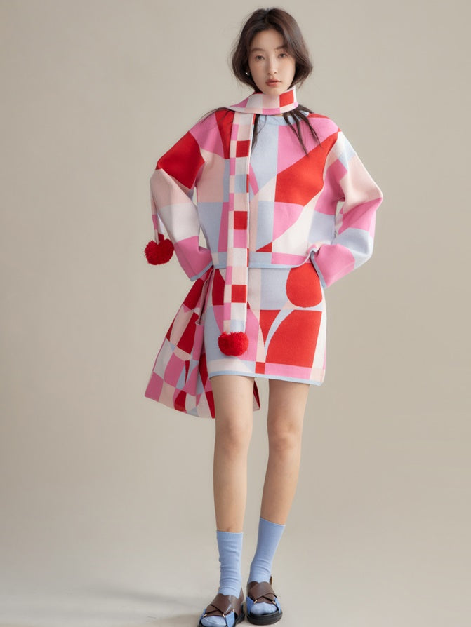 Mosaic Plaid Tulip Stole& Handbag & Knitted Sweater & Skirt