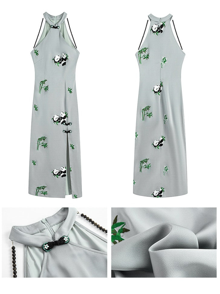 Panda Embroidery American Sleeve Long Dress
