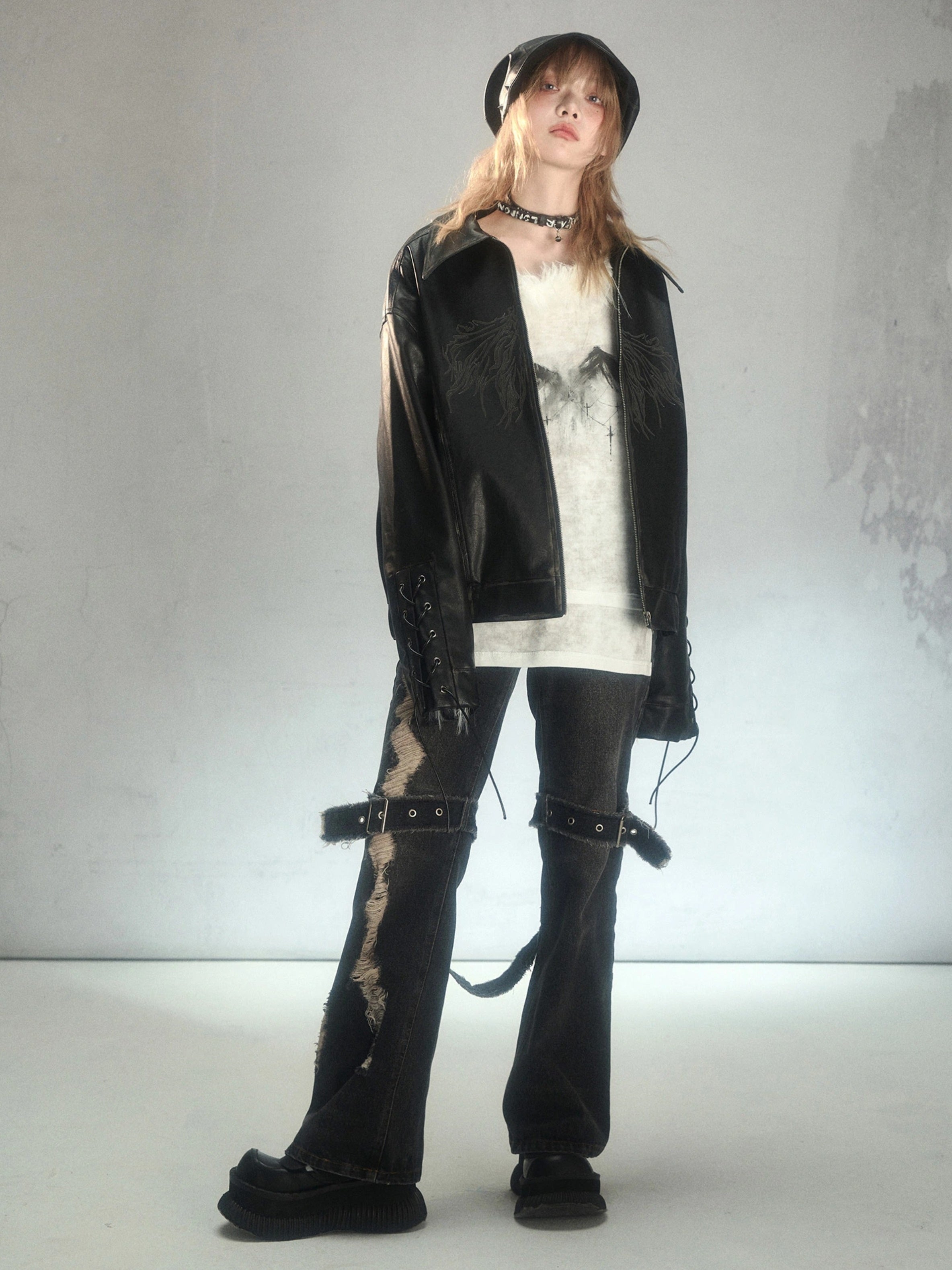 Punk Raw Edge Ripped Holes Flared Denim Trousers