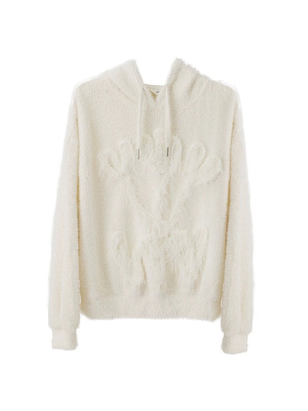 Tulip Hand Embroidery Fluffy Knitted Hooded Top