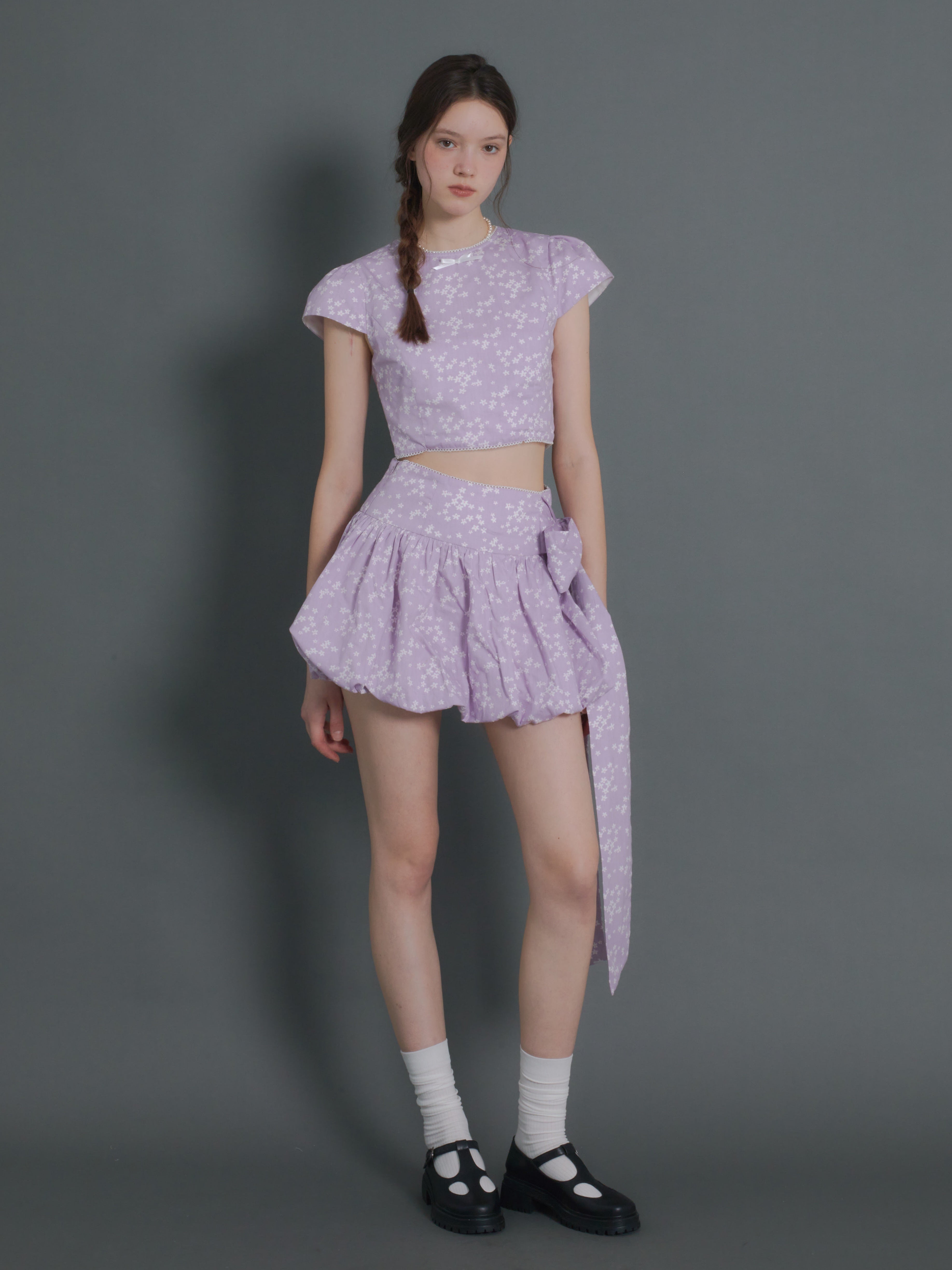 Floral Short Sleeve Cropped Top & Ribbon Bud Skirt