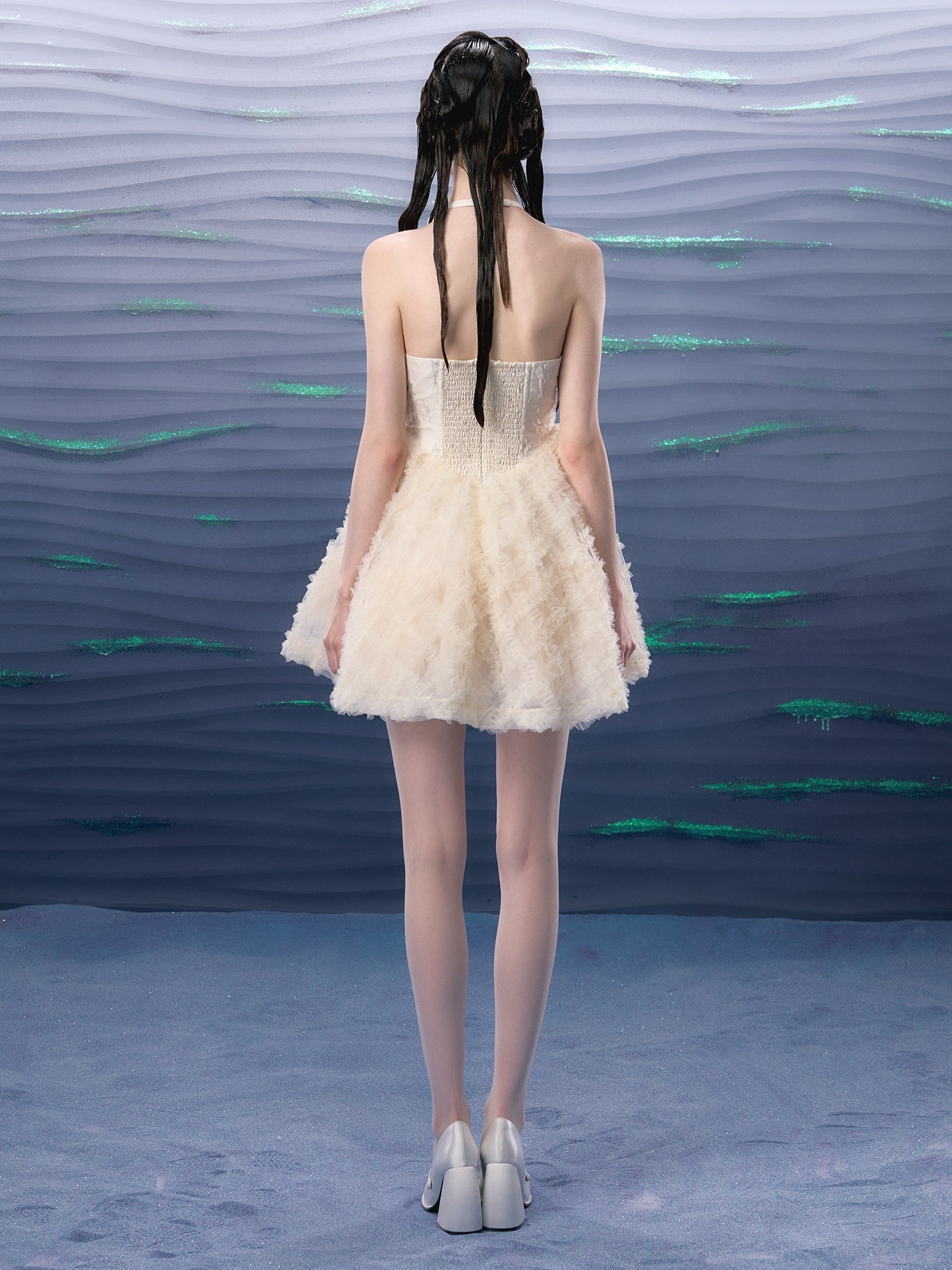 Jacquard Mesh Hem Flower Brooch Halter Neck Dress