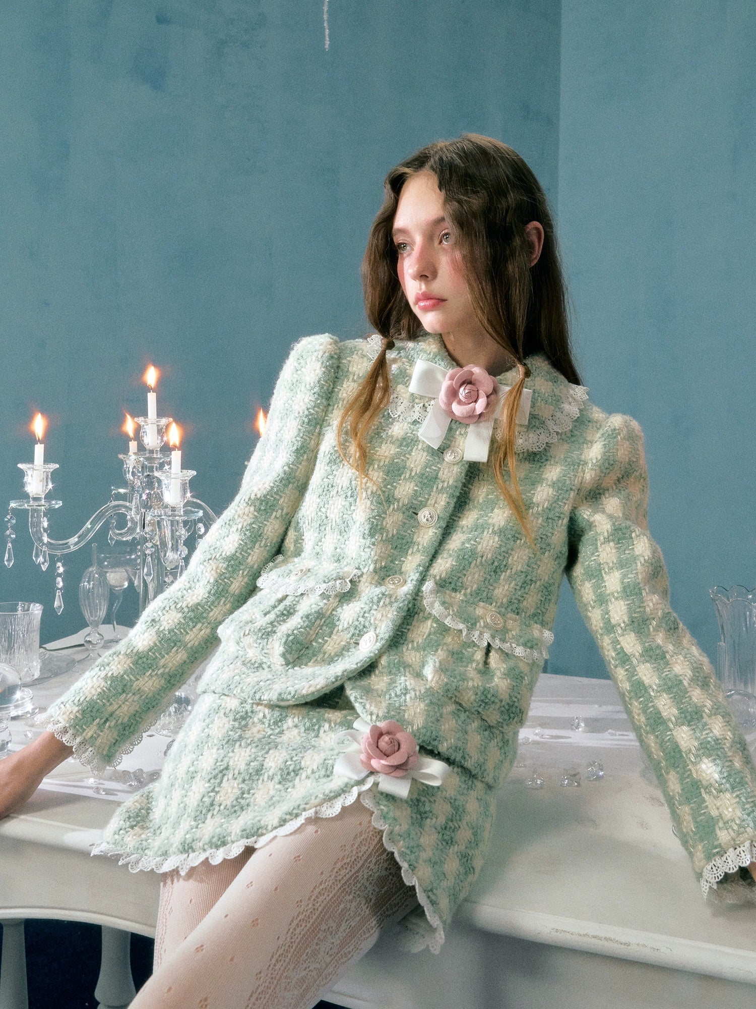 Plaid Bow Flower Brooch Lace Padded Short Jacket & Skirt