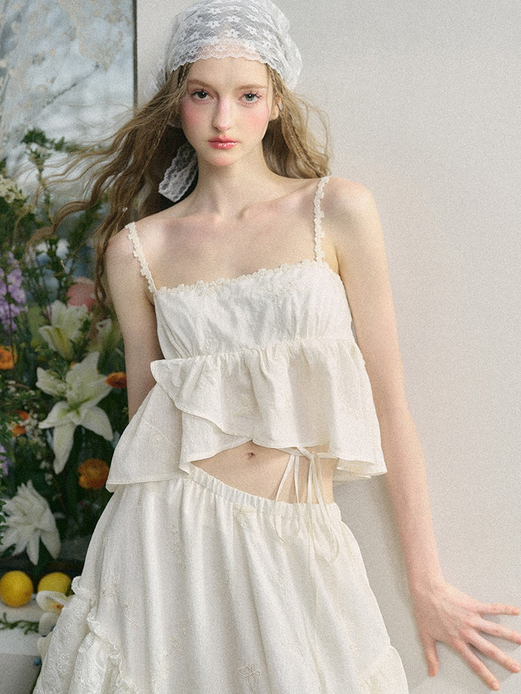 Embroidered Jacquard Ruffled Sling & Asymmetry Skirt