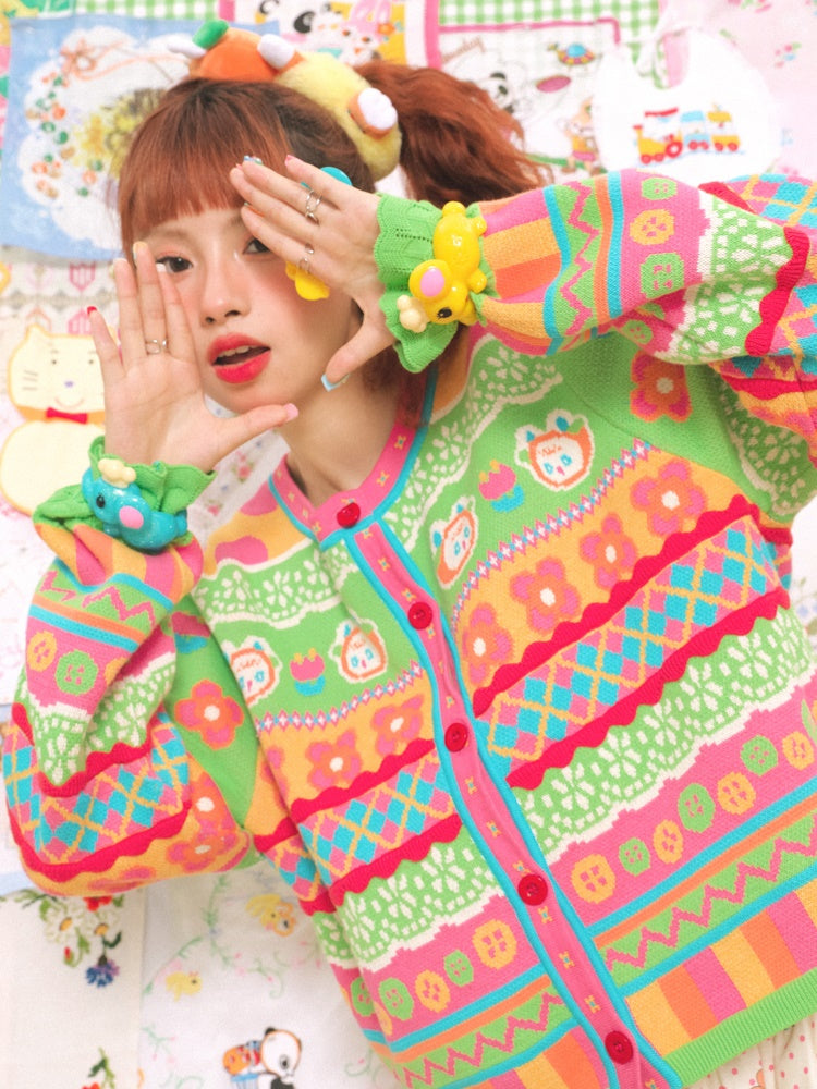 스트라이프 버니 체크 라운드 넥 니트 가디건