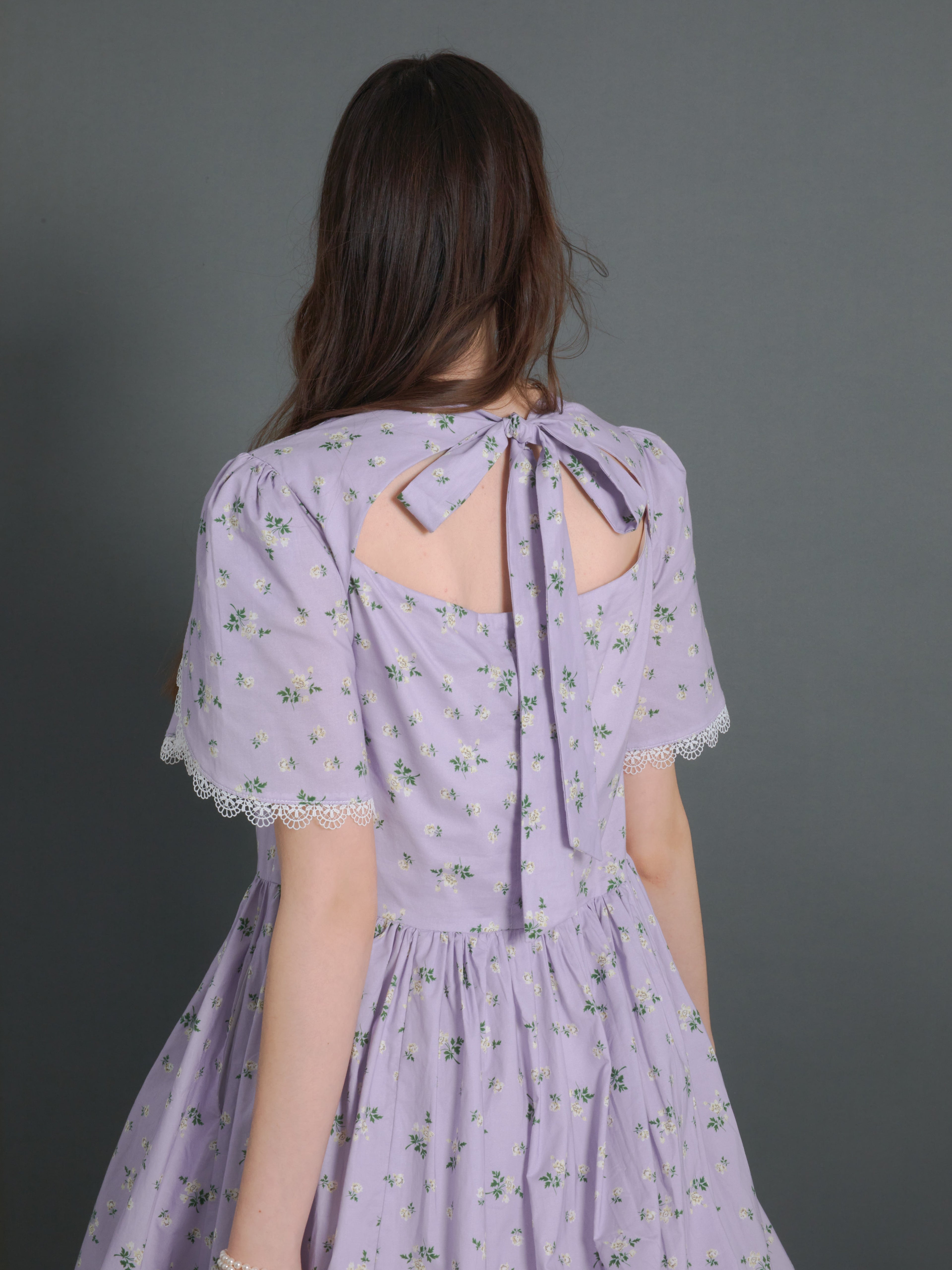Floral Bud Sleeve Back Ribbon One-piece