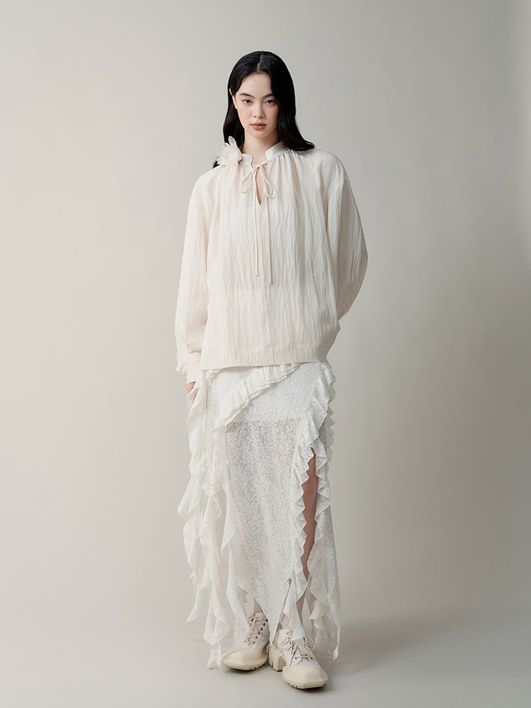 Mist Rose Stand Collar Tie Shirt