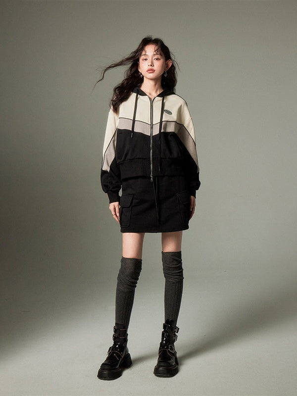Sports Style ZIP-up Hoodie & A-Line Skirt
