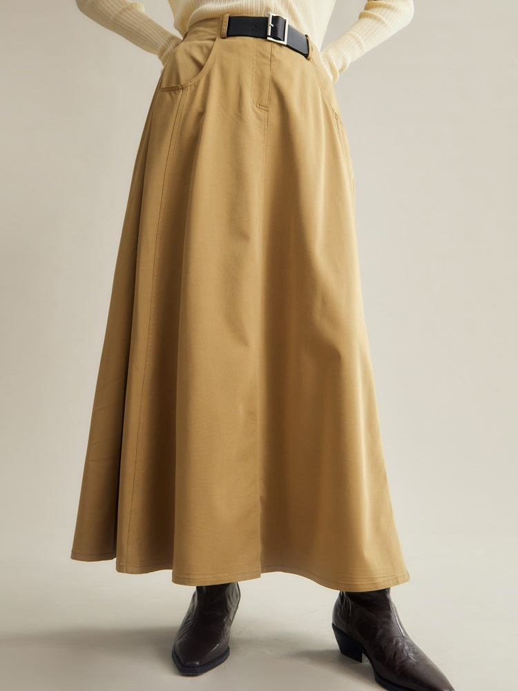Mid-length Belt Decorated A-line Skirt