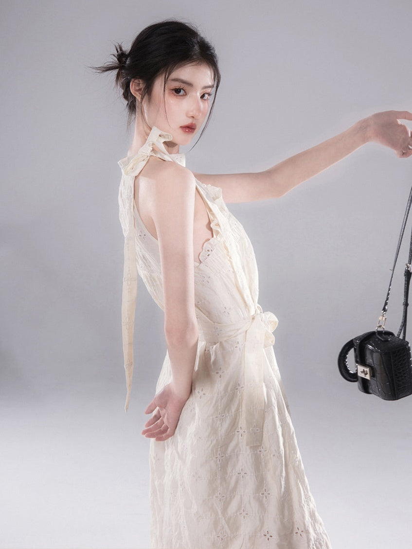 Hollow Cutwork Lace Hanging Neck One-piece