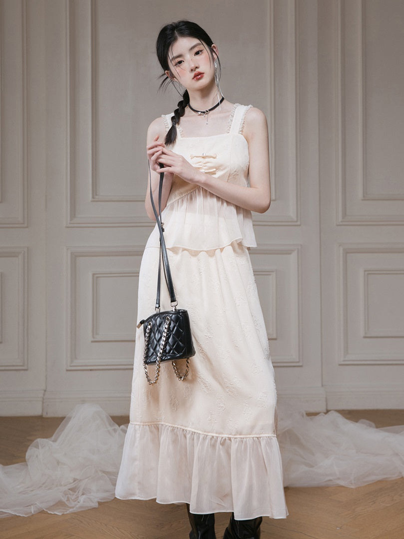 Jacquard Gauze Switching Camisole Top & Ruffle Skirt Set-up