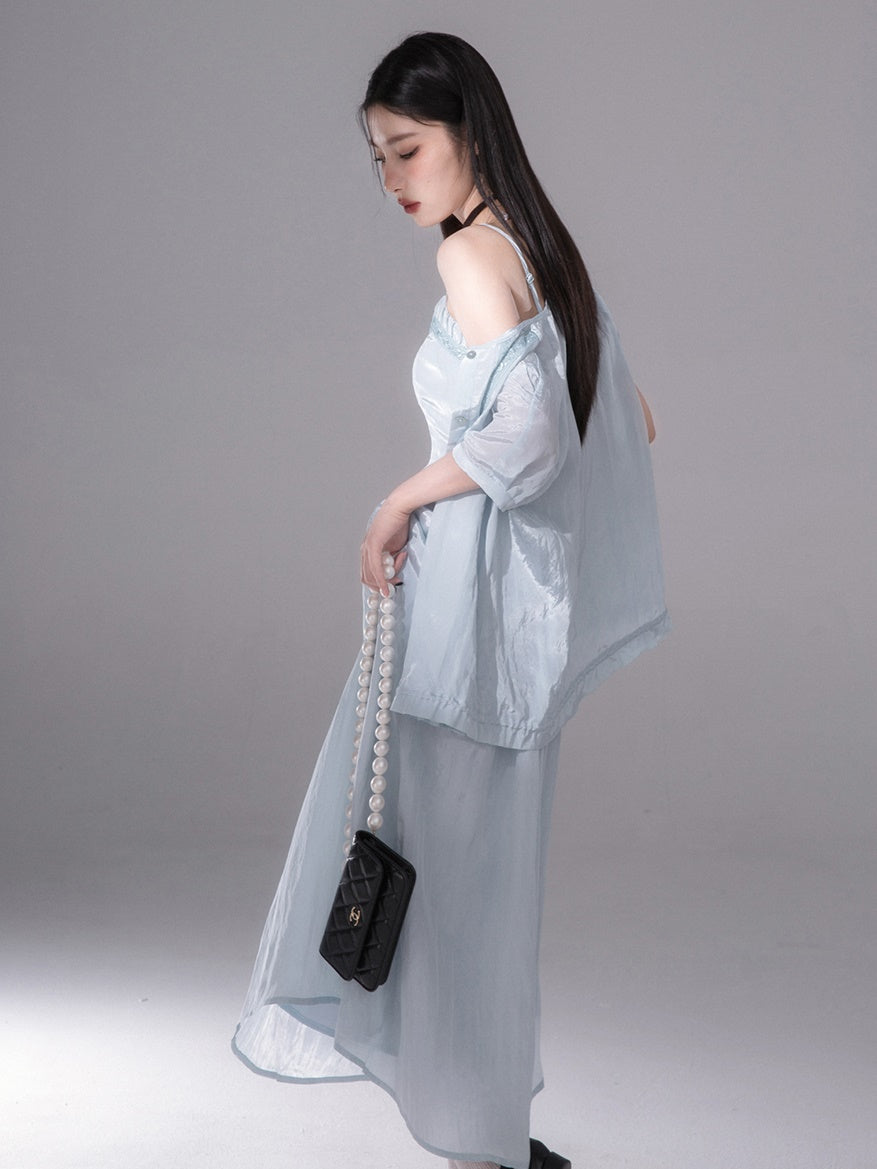 Glossy Drawstring Shirt & Slip Long Dress