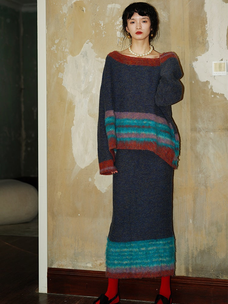 Contrast Color Border Design Loose Sweater & Knitted Skirt