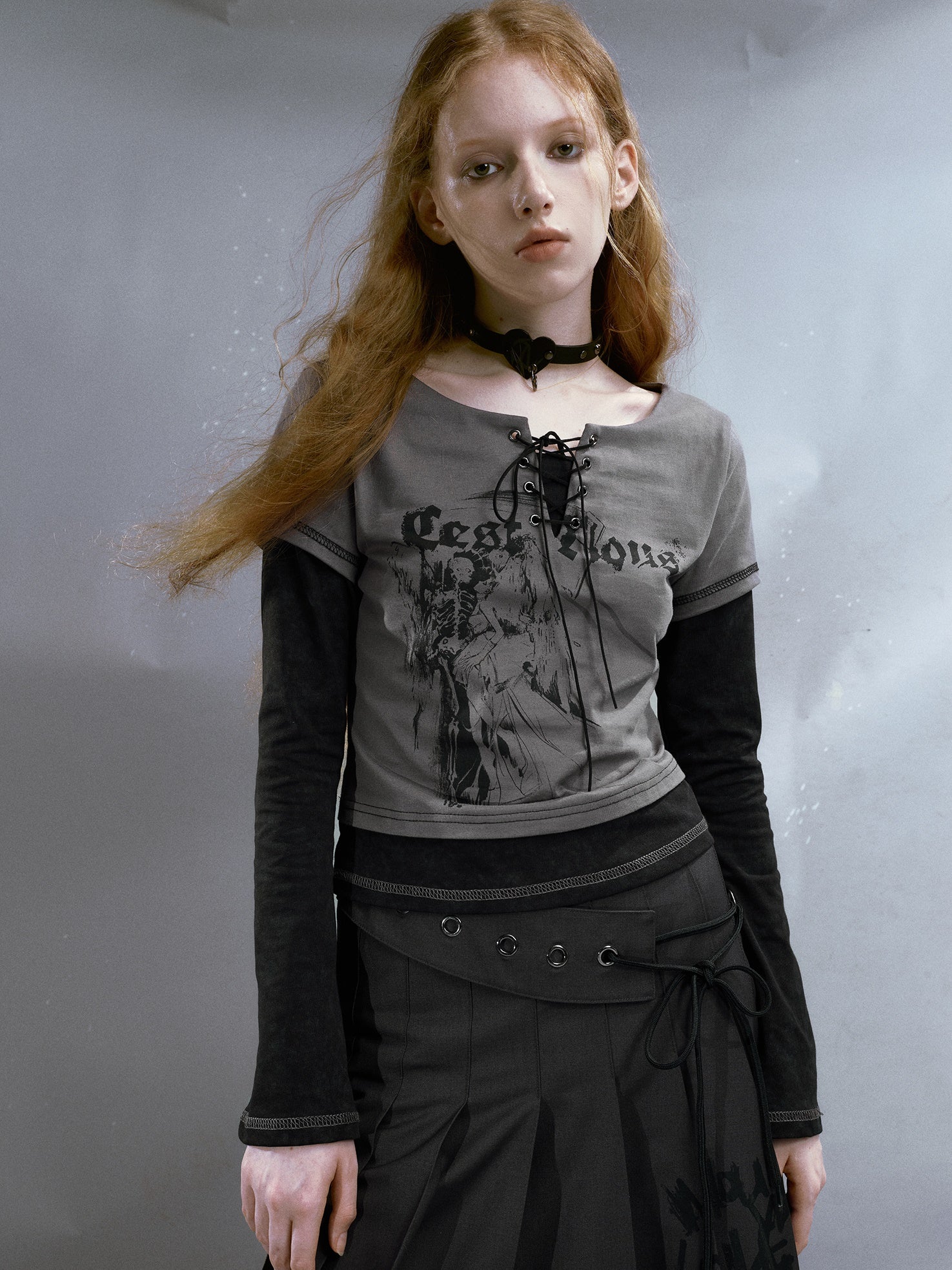 Fake 2Piece Lace-up Print Long T-Shirt