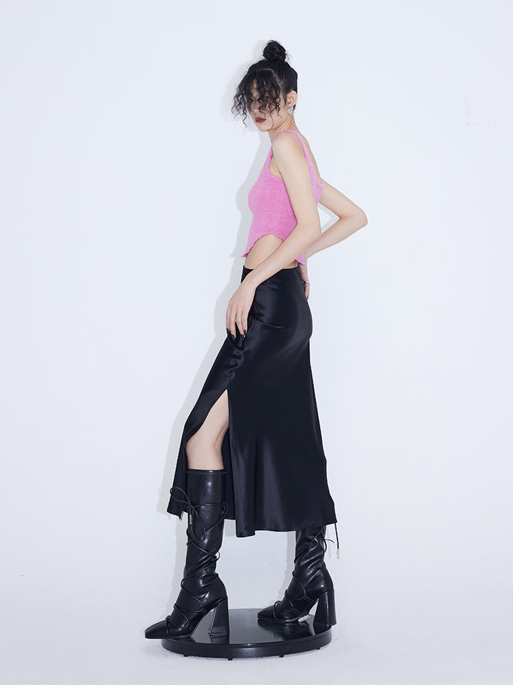 Glossy Drape Slit Skirt