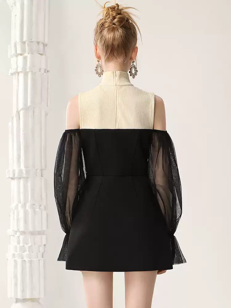 High-Neck Knit Open-Shoulder Balloon-Sleeve Ciffon Dress