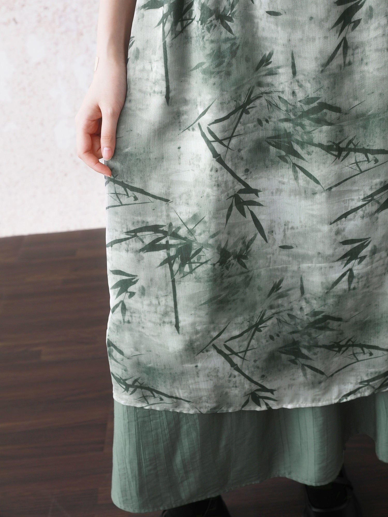 Chinese Style Bamboo Leaf Print Long Shirt & Camisole One-piece Set-up