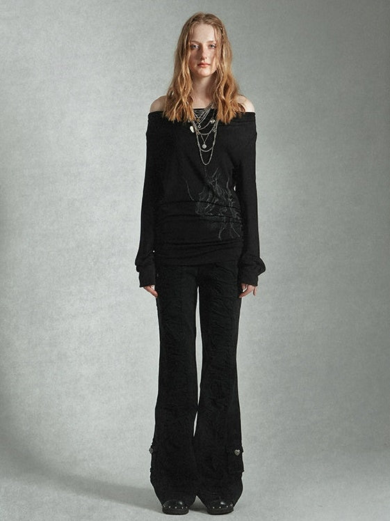 스윙 칼라 프린트 개더 티셔츠