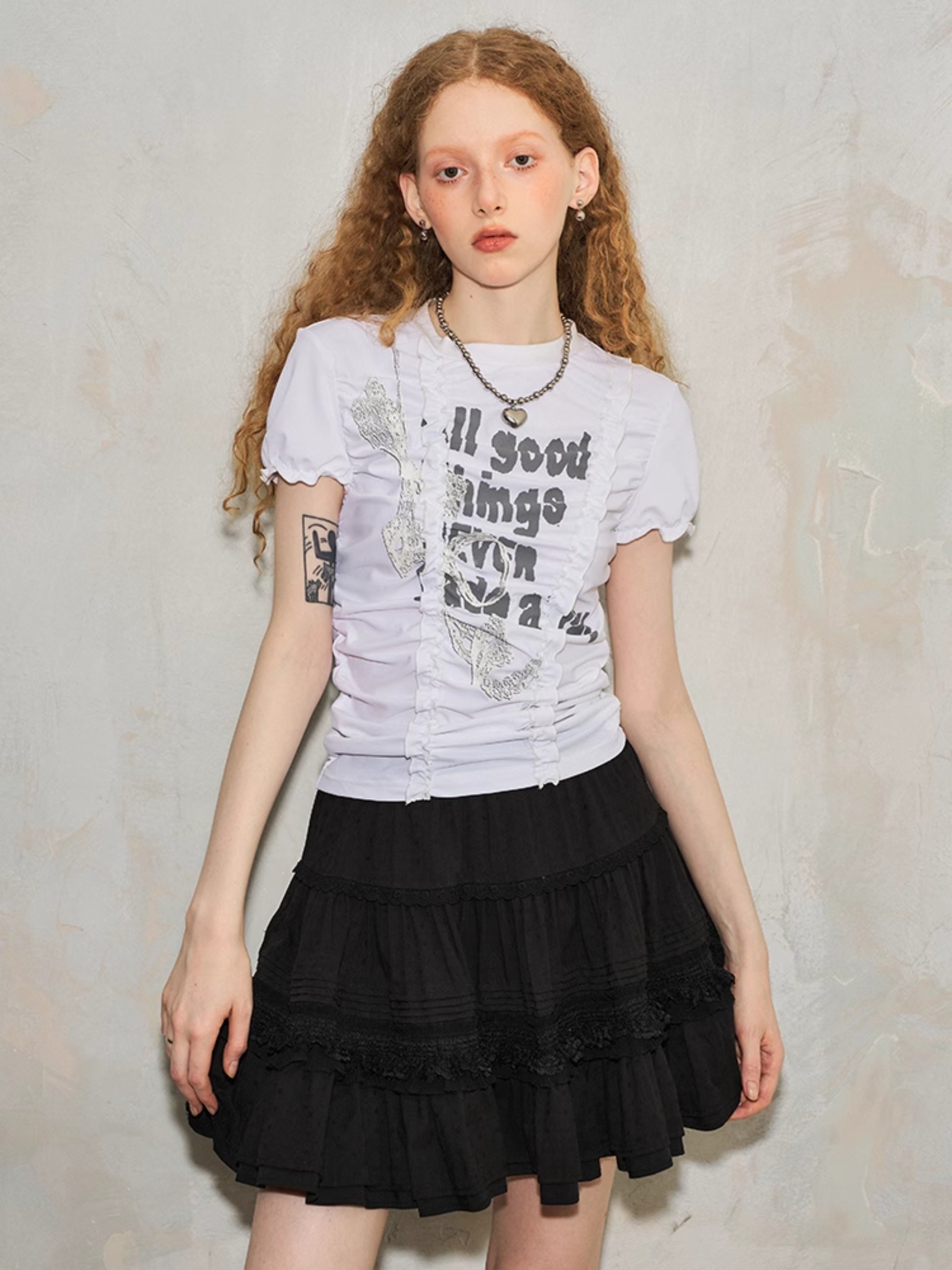Lace Print Fungus Wrinkled Slim Short-sleeved T-shirt